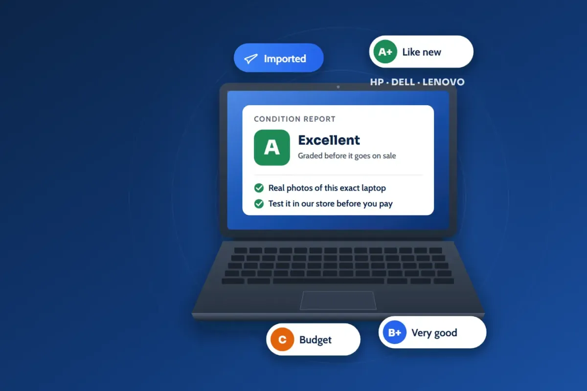 Illustration of a graded used laptop with its condition report